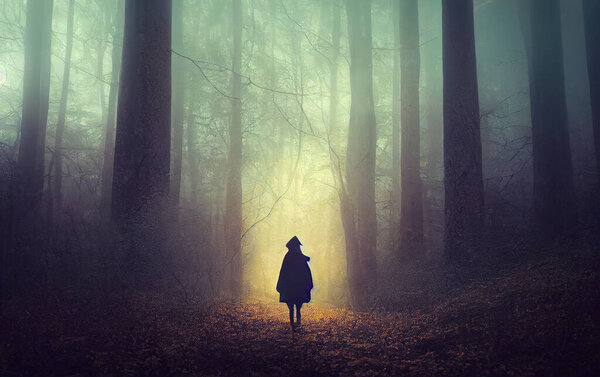Dark ghostly figure walking in spooky forest Halloween background