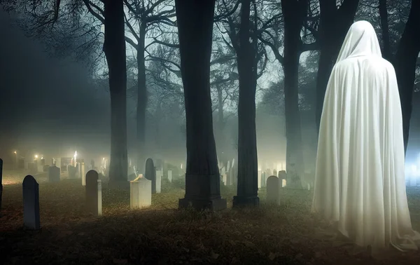 Призрак Гуляет Темному Кладбищу Фоне Ночного Хэллоуина — стоковое фото