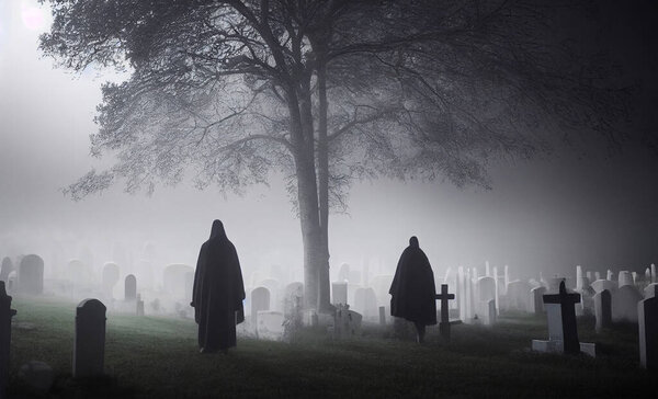 ghost walking in dark cemetery at night Halloween background