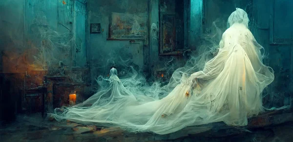 Fantôme Femme Dans Abandonné Bâtiment Halloween Fond — Photo