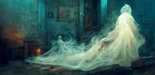 Mulher Fantasma Prédio Abandonado Halloween Fundo — Fotografia de Stock