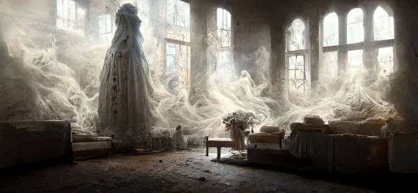 Mulher Fantasma Prédio Abandonado Halloween Fundo — Fotografia de Stock