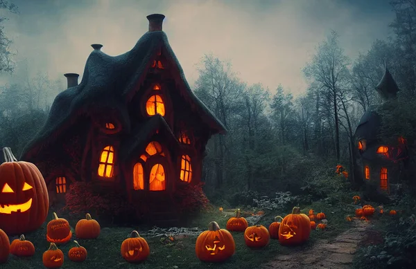 Casa Fatata Scolpito Zucche Ardenti Nella Foresta Halloween Sfondo — Foto Stock