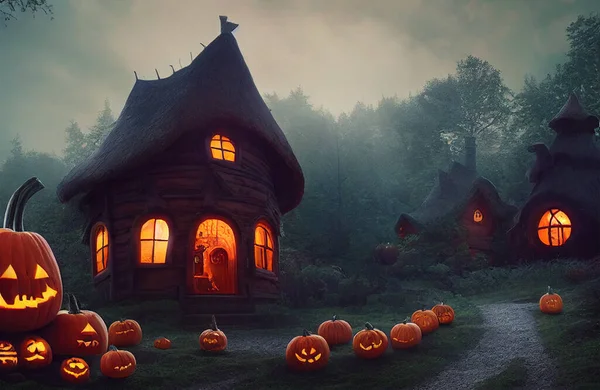 Дом Феи Вырезанные Горящие Тыквы Лесу Хэллоуин Фоне — стоковое фото