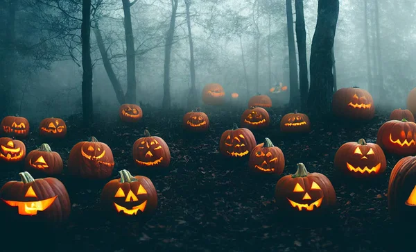 Faragott Égő Sütőtök Erdőben Halloween Háttér — Stock Fotó