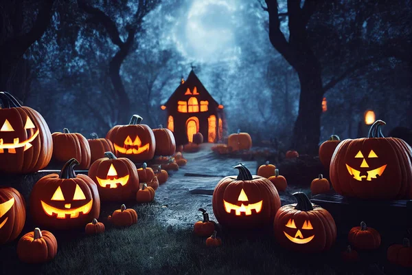 Faragott Halloween Tök Kísértetház Erdőben — Stock Fotó