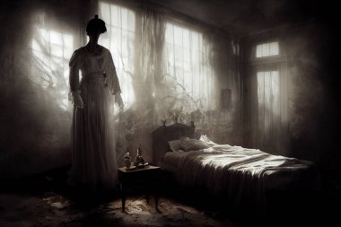 Korkunç kadın hayalet terkedilmiş ürkütücü bina korku Cadılar Bayramı