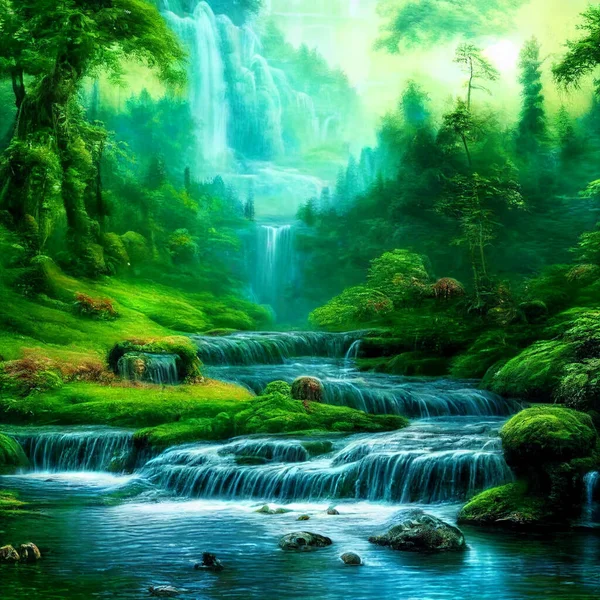 idyllic landscape with waterfalls in green forest