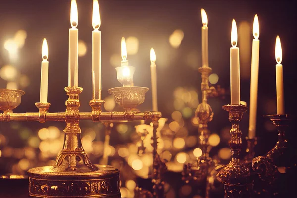 在Menorah快乐的光明节点燃的蜡烛 — 图库照片