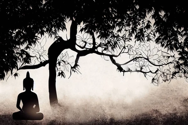 Glücklicher Makha Bucha Tag Buddha Meditiert Unter Dem Bodhi Baum — Stockfoto