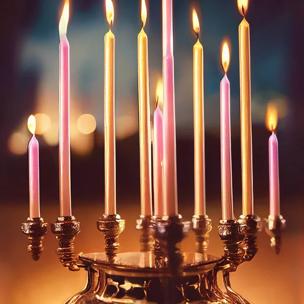 Świece Płonące Menorah Szczęśliwy Hannukah — Zdjęcie stockowe