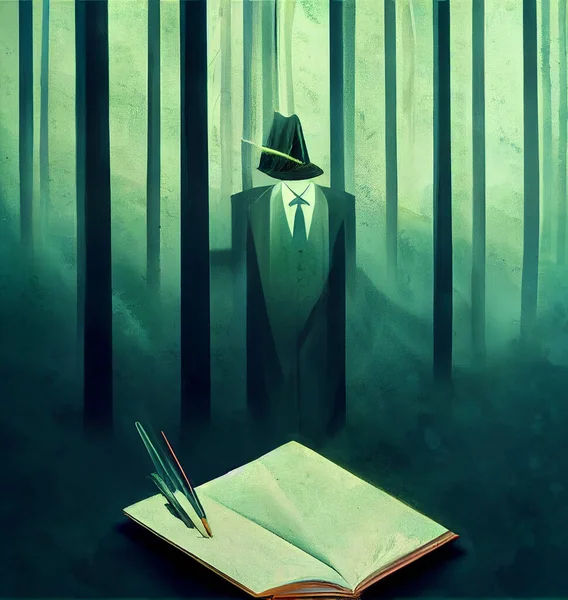 森の中の男オープンブックとペン — ストック写真