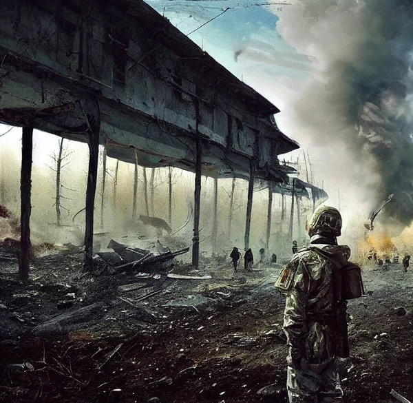 Escena Guerra Con Soldado Ruinas —  Fotos de Stock