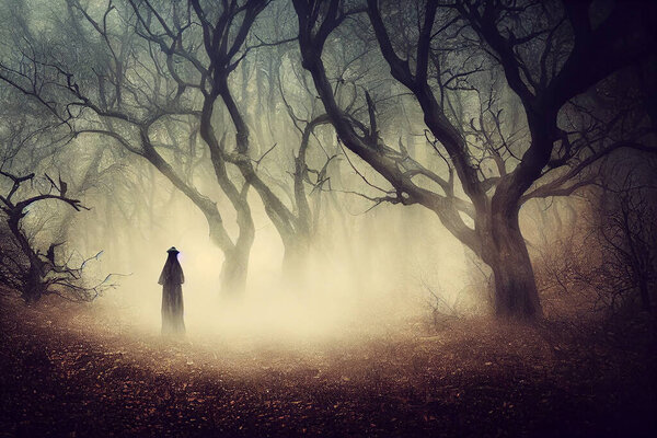 ghostlike figure in spooky forest Halloween card