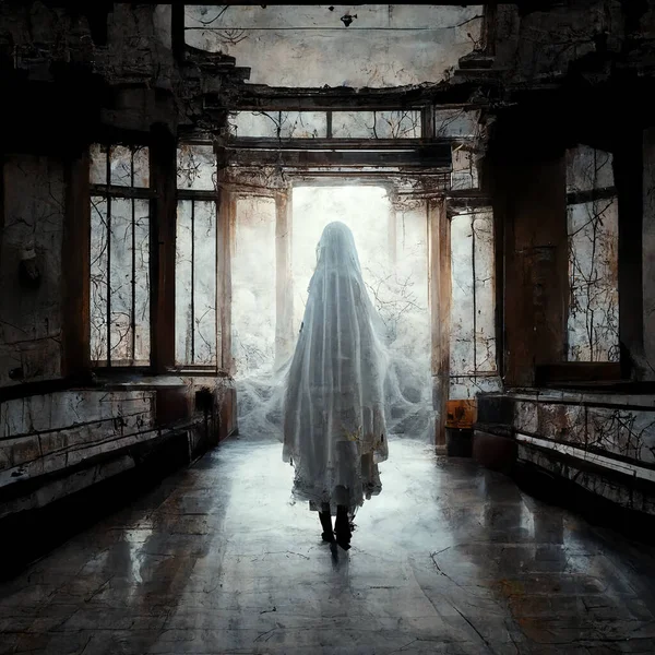Miedo Mujer Fantasma Abandonado Espeluznante Edificio Horror Halloween — Foto de Stock