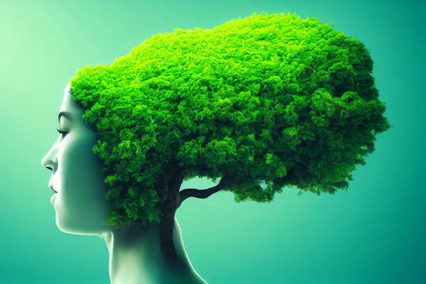 Árbol Verde Que Crece Conciencia Del Calentamiento Global Cabeza Femenina —  Fotos de Stock