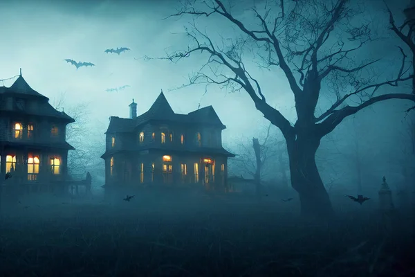 Espeluznante Tarjeta Halloween Con Casa Embrujada Por Noche — Foto de Stock
