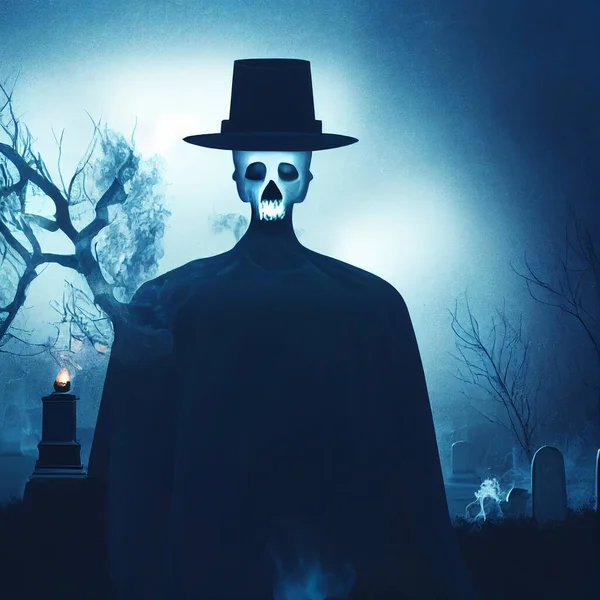 Assustador Cartão Halloween Com Fantasma Cemitério Noite — Fotografia de Stock