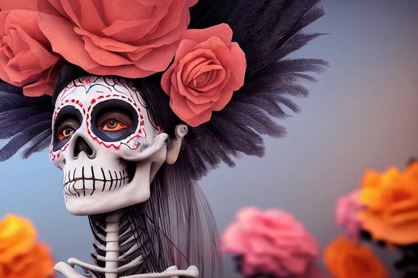 female skeleton with make up and large fancy hat, Calavera Catrina, Mexican day of the Dead