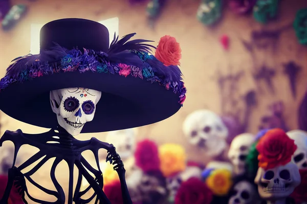 female skeleton with make up and large fancy hat, Calavera Catrina, Mexican day of the Dead
