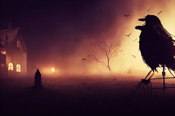 Carte Halloween Effrayant Avec Corbeau Noir Nuit — Photo