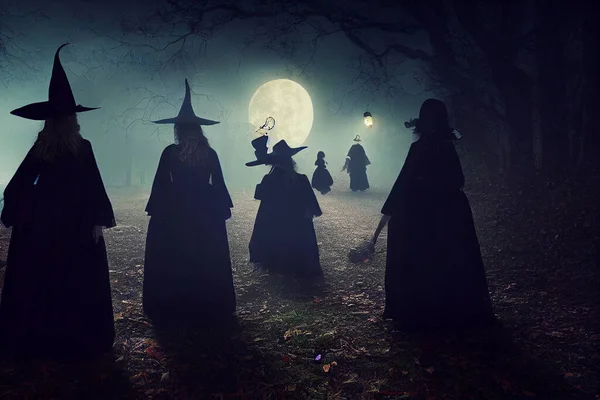 Cadılar Bayramı Kartında Cadılar Gece Ormanda — Stok fotoğraf