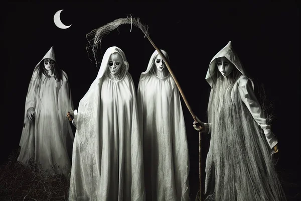 夜晚森林里的女巫万圣节卡片 — 图库照片