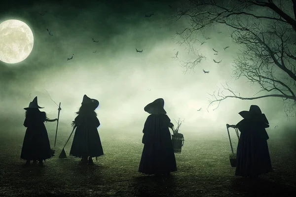 Heksen Het Bos Nachts Halloween Kaart — Stockfoto