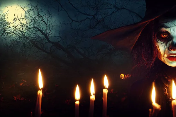 夜晚森林里的女巫万圣节卡片 — 图库照片