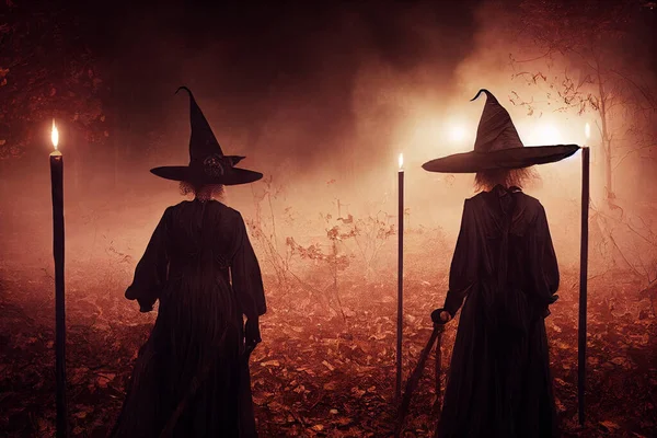 Boszorkányok Erdőben Éjszaka Halloween Kártya — Stock Fotó