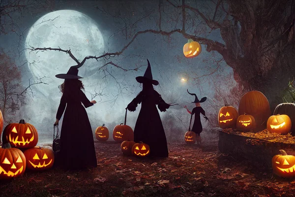 Čarodějnice Lese Noci Halloween Karta — Stock fotografie
