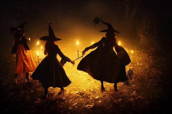 Cadılar Bayramı Kartında Cadılar Gece Ormanda — Stok fotoğraf