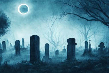 spooky graveyard on foggy night Halloween  clipart