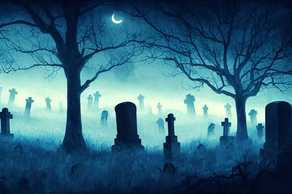 Kuslig Kyrkogård Dimmig Natt Halloween — Stockfoto