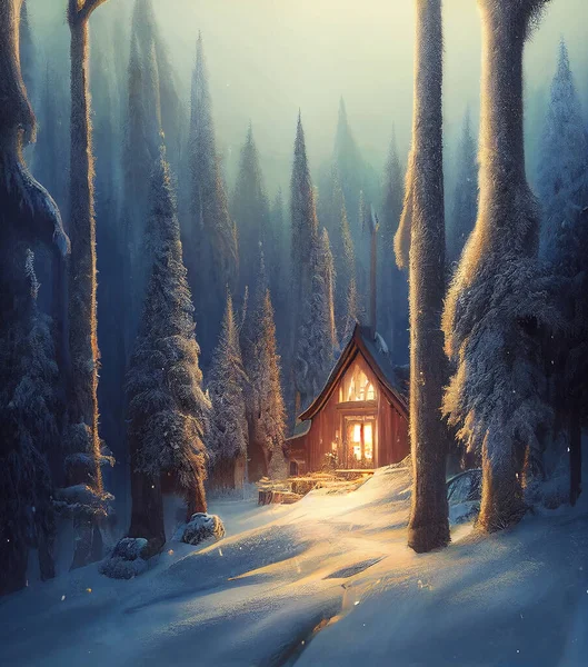 Acogedora Casa Invierno Medio Abetos Cubiertos Nieve — Foto de Stock