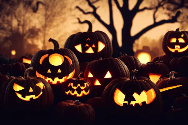 Calabazas Talladas Jack Lanterns Noche Halloween —  Fotos de Stock