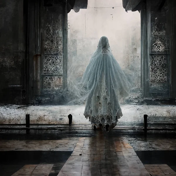 Fantasma Uma Mulher Vestido Branco Prédio Abandonado Horror Halloween — Fotografia de Stock