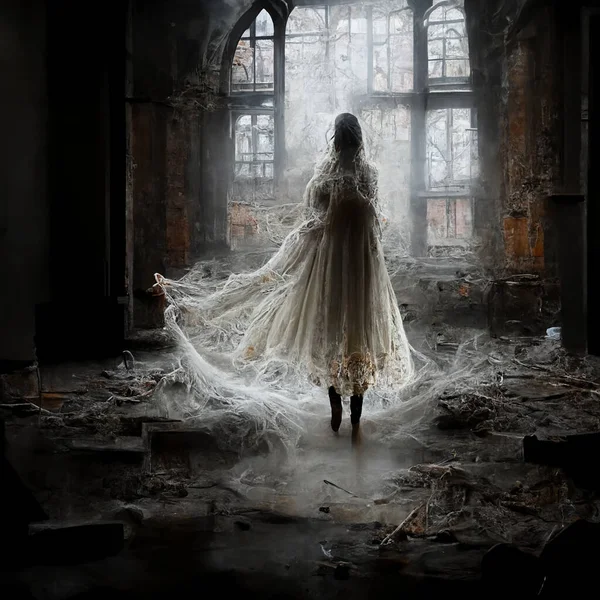 Fantasma Una Mujer Vestido Blanco Edificio Abandonado Horror Halloween — Foto de Stock