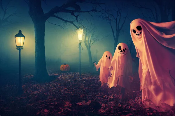 ハロウィンの夜に墓地に幽霊が — ストック写真