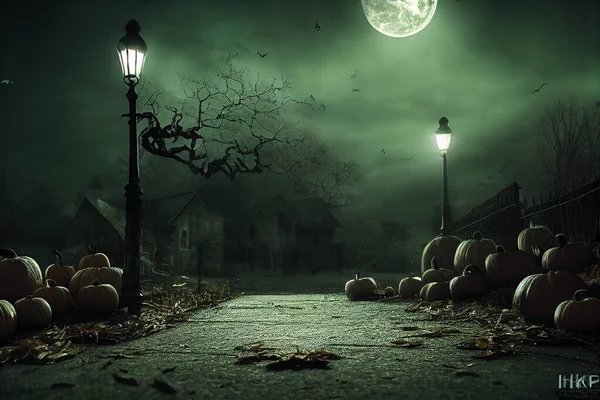 Nebbiosa Strada Spettrale Nella Notte Halloween — Foto Stock