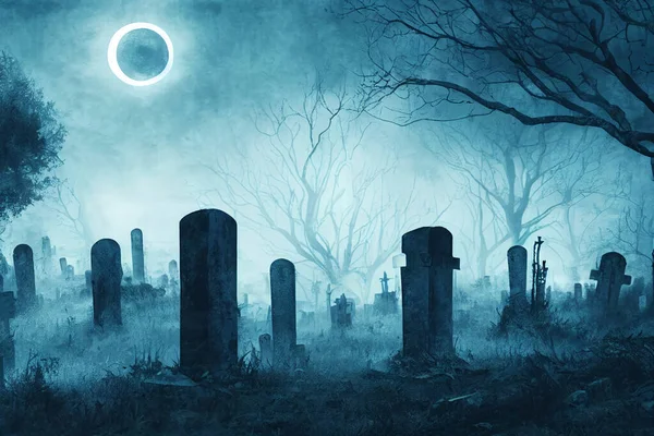 Strašidelný Hřbitov Mlhavé Noci Halloween — Stock fotografie
