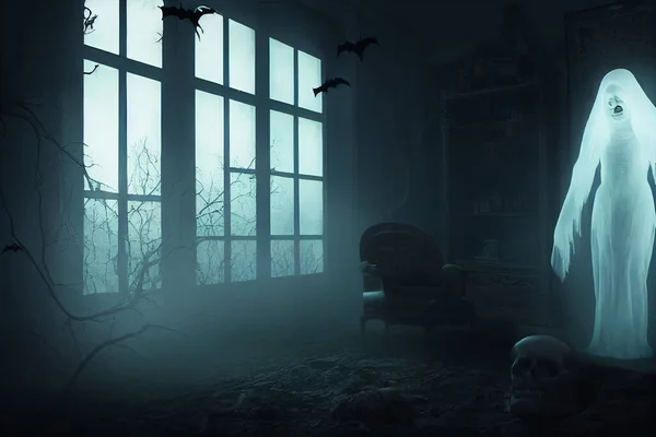 放棄された建物の幽霊の女性ハロウィンの背景 — ストック写真