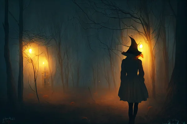 Čarodějnice Lese Halloweenské Noci — Stock fotografie