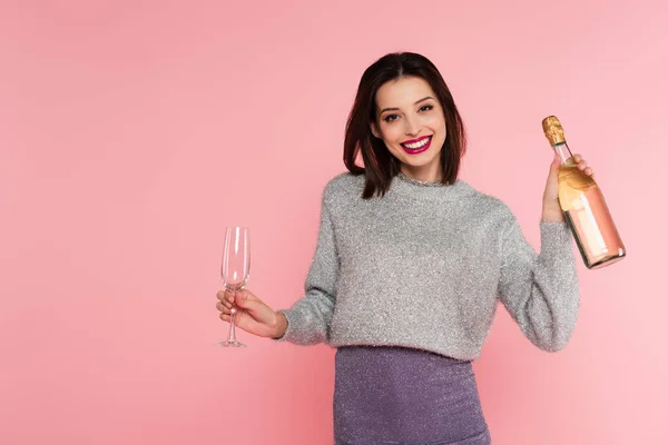 Smiling Woman Sweater Holding Bottle Champagne Glass Isolated Pink — Stock Photo, Image