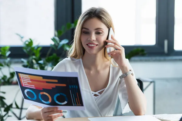 Smiling Businesswoman Talking Smartphone Holding Blurred Charts Office — Stock Photo, Image