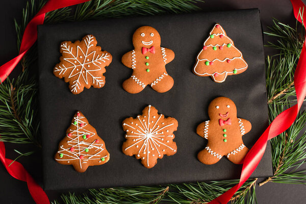 top view of different shapes gingerbread cookies on box near pine branches and red ribbon on black