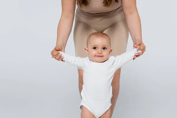 Baby Girl Holding Hands Body Positive Mother Isolated Grey — Stock Photo, Image