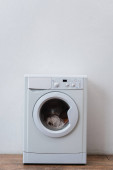 moderne Waschmaschine mit Wäsche in der Nähe der weißen Wand