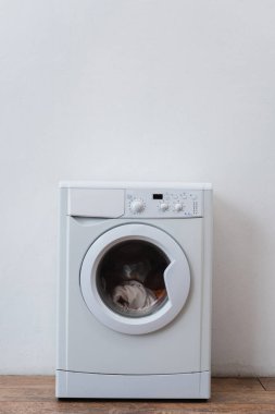 Beyaz duvarın yanında çamaşır makinesi olan modern bir çamaşır makinesi.