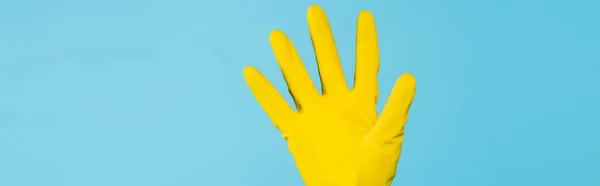 Cropped View Female Hand Yellow Rubber Glove Isolated Blue Banner — Stock Photo, Image